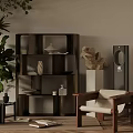 Modern Open Shelf Bookcase Interior With Plants Chair And Decorative Items