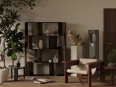 Modern Open Shelf Bookcase Interior With Plants Chair And Decorative Items 3d model
