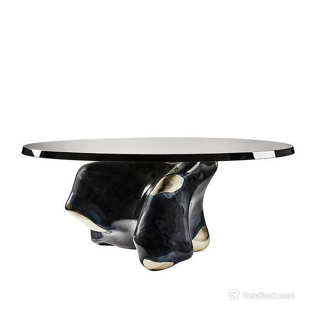 Round Modern Dining Table With Sleek Surface And Unique Black Gold Base 3d model