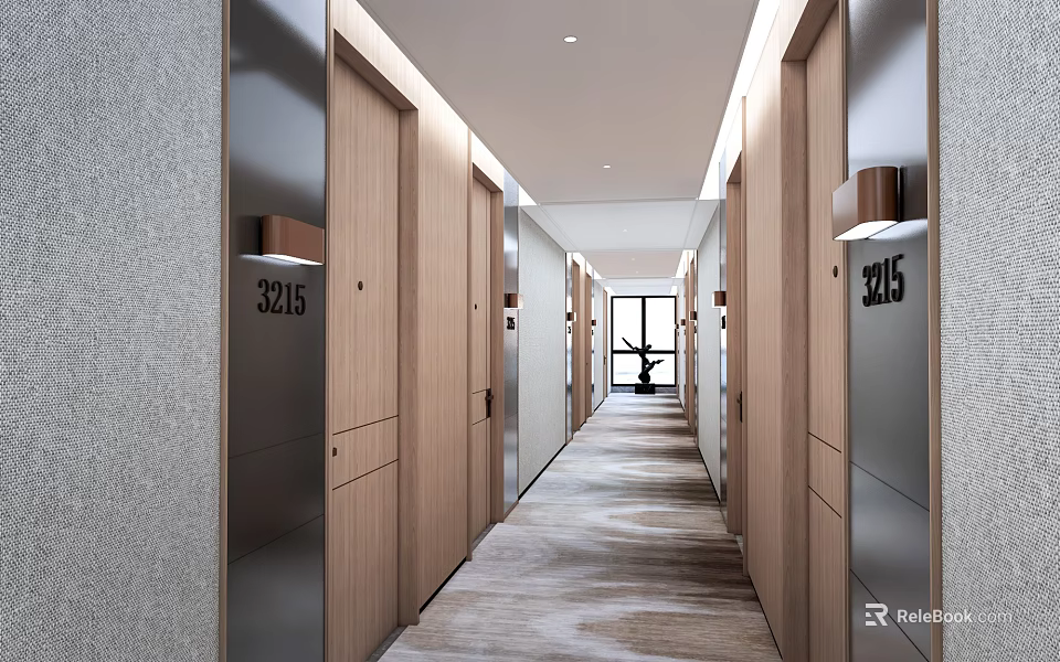 Office Corridor With Wooden Numbered Doors Gray Walls Carpeted Floor Wall Lamps And End Window 3d model 