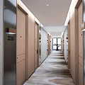 Office Corridor With Wooden Numbered Doors Gray Walls Carpeted Floor Wall Lamps And End Window