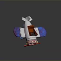 Airplane Model With Blue Purple Wings Red Propeller And Gold Lights On Black Reflective Stand