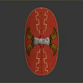 Traditional Red Shield With Yellow Geometric Patterns Silver Central Band And Wing Shaped Decorations Ancient Warfare Weapon