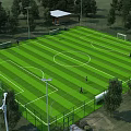 Aerial View Planning of Soccer Field With Green Lawn White Lines and Surrounding Trees