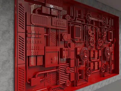 Red Industrial Style Background Wall With Mechanical Parts Gears Pipes And 3D Design 3d model