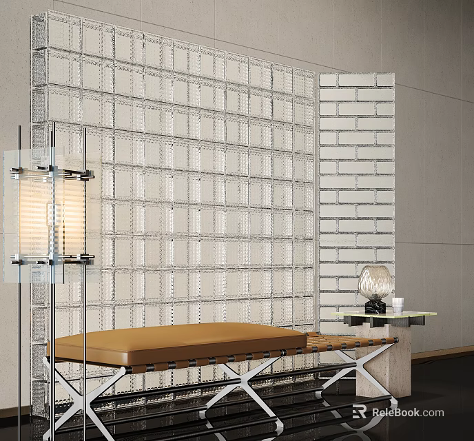 Modern Brown Leather Sofa Bench In Contemporary Interior With Glass Block Wall And Minimalist Lamp 3d model 