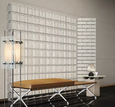 Modern Brown Leather Sofa Bench In Contemporary Interior With Glass Block Wall And Minimalist Lamp 3d model