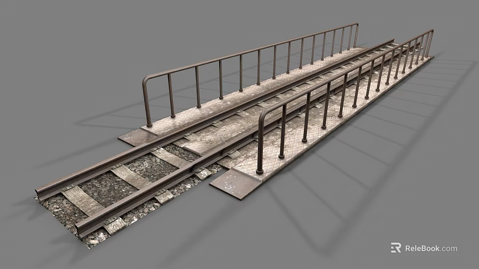 Industrial Railroad Tracks With Steel Guardrails And Gravel Sleepers Structure 3d model 