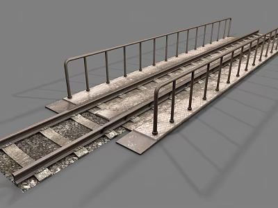 Industrial Railroad Tracks With Steel Guardrails And Gravel Sleepers Structure 3d model