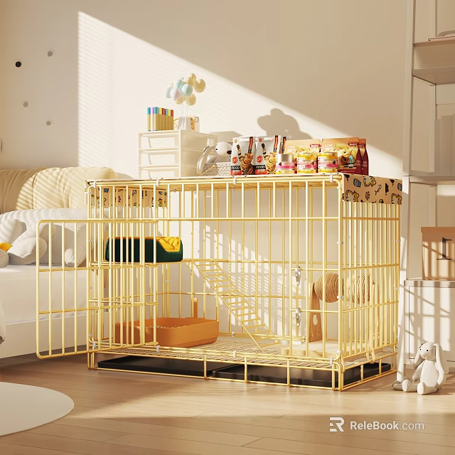 Yellow Two Tier Pet Cage With Stairs And Comfortable Bed For Indoor Pet Use 3d model 