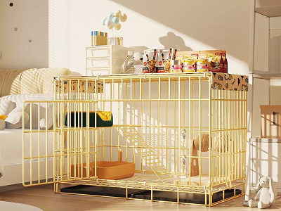 Yellow Two Tier Pet Cage With Stairs And Comfortable Bed For Indoor Pet Use 3d model