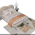 Double Bed with Cloud Shaped Headboard Soft Pillows Beige Blanket Stuffed Toys on Cozy Rug