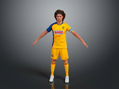 Man Wearing Yellow Soccer Jersey With Blue Sleeves Timer Logo Yellow Shorts And White Cleats 3d model