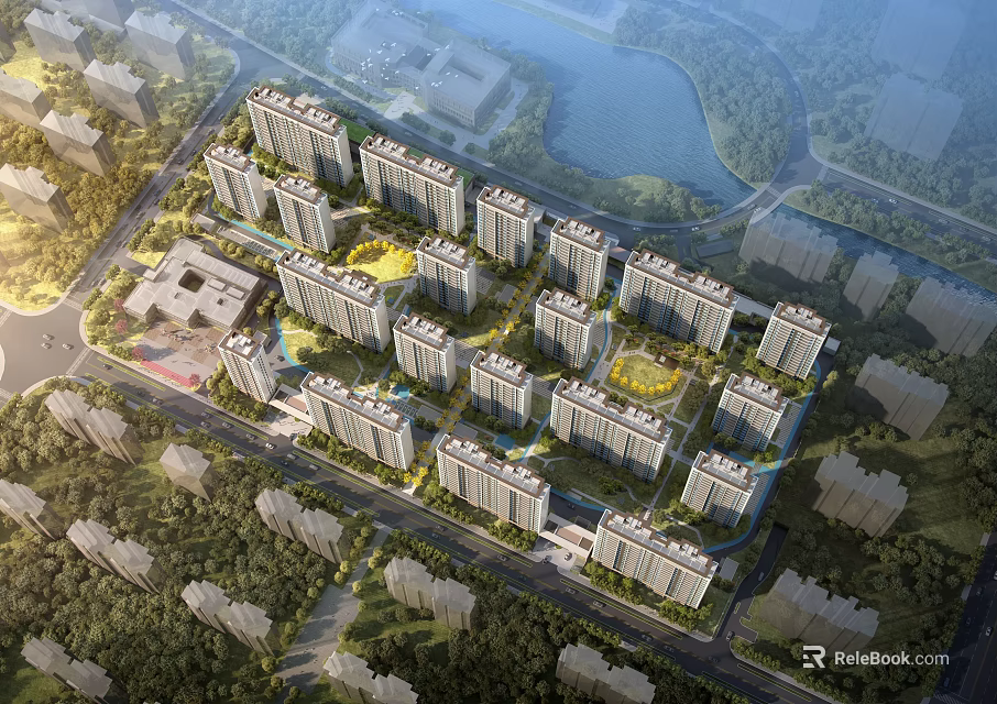 Aerial Planning of Modern Residential Complex With Neat Apartment Buildings Green Spaces and River Surroundings 3d model 