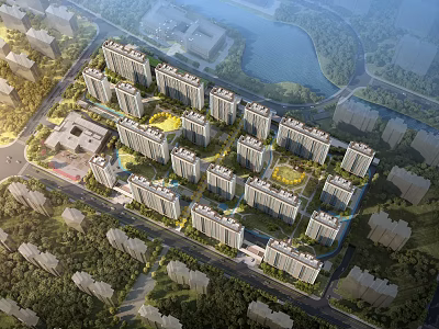 Aerial Planning of Modern Residential Complex With Neat Apartment Buildings Green Spaces and River Surroundings 3d model