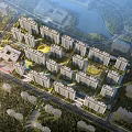 Aerial Planning of Modern Residential Complex With Neat Apartment Buildings Green Spaces and River Surroundings