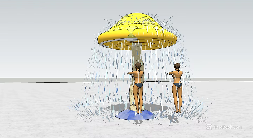 Two Women in Bikinis Standing Under Yellow Mushroom Shaped Water Sprinkler With Splashing Water 3d model 