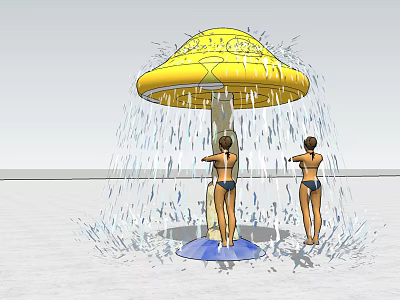 Two Women in Bikinis Standing Under Yellow Mushroom Shaped Water Sprinkler With Splashing Water 3d model