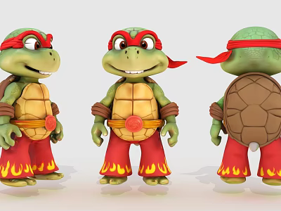 Cartoon Reptile Turtle Characters With Red Bandanas In Red Flame Pants And Turtle Shells 3d model