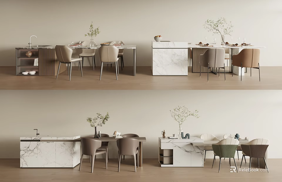 Modern Dining Table Set With Marble Top Beige Green Chairs And Decorative Plants 3d model 