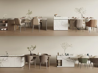 Modern Dining Table Set With Marble Top Beige Green Chairs And Decorative Plants 3d model