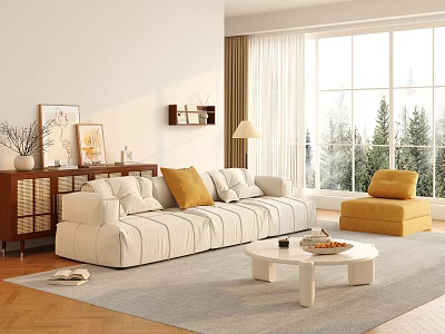 Modern Living Room Sofa And Coffee Table Set With Yellow Cushions Ottoman And Large Windows 3d model