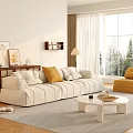 Modern Living Room Sofa And Coffee Table Set With Yellow Cushions Ottoman And Large Windows