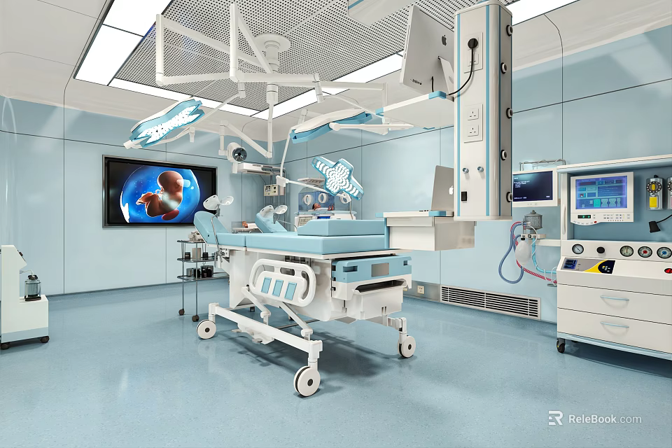 Modern Operating Room Interior With Surgical Table Lights And Medical Monitors 3d model 