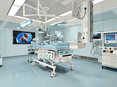 Modern Operating Room Interior With Surgical Table Lights And Medical Monitors 3d model