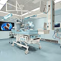 Modern Operating Room Interior With Surgical Table Lights And Medical Monitors