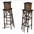 Industrial Wooden Water Towers Featuring Elevated Frame Barrels And Side Ladder 3d model
