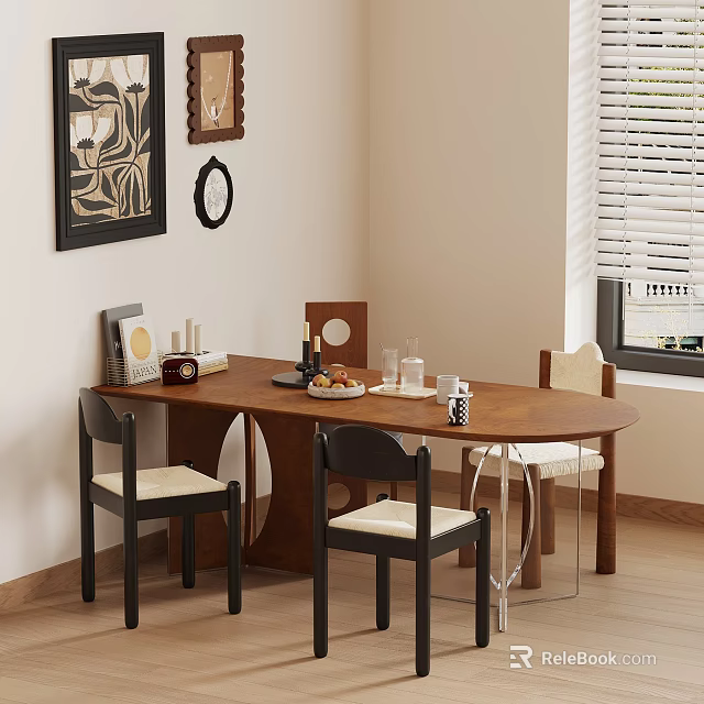 Minimalist Dining Area With Oval Wooden Table Chairs Wall Art And Window Blinds 3d model 