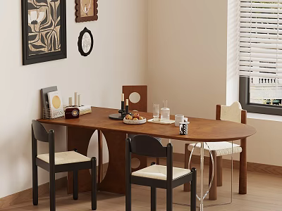Minimalist Dining Area With Oval Wooden Table Chairs Wall Art And Window Blinds 3d model