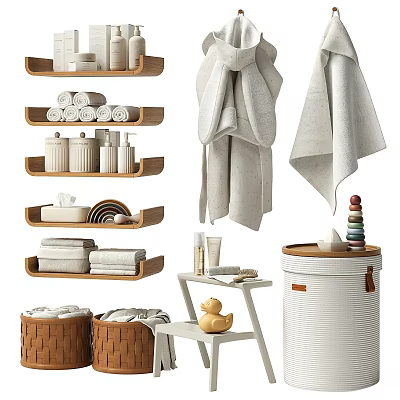 Organic Cotton Towels Bamboo Storage Baskets Liquid Soap Dispensers Wooden Shelves Toiletries 3d model