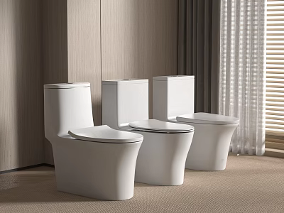 Three Stylish White Toilets with Modern Design in Bathroom Interior Space 3d model