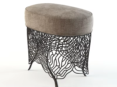Modern Rounded Gray Fabric Ottoman With Ornate Black Metal Frame Design 3d model