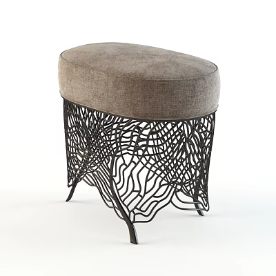 Modern Rounded Gray Fabric Ottoman With Ornate Black Metal Frame Design 3d model