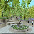 Elegant Garden Landscape With Central Fountain Purple Blue Flowers Stone Steps And Trees