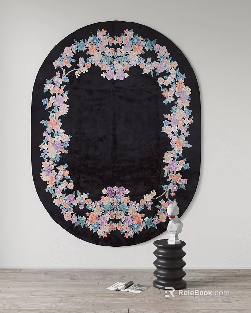 Round Black Carpet With Colorful Floral Edge Design For Home Decoration 3d model 