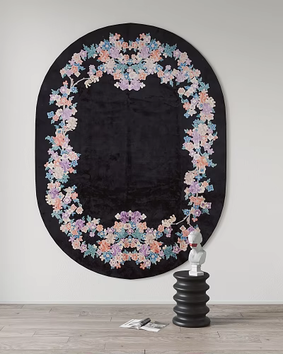 Round Black Carpet With Colorful Floral Edge Design For Home Decoration 3d model