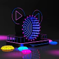 3D Rendered Neon Light Sculpture With Geometric Shapes And Colorful Reflections On Black Background
