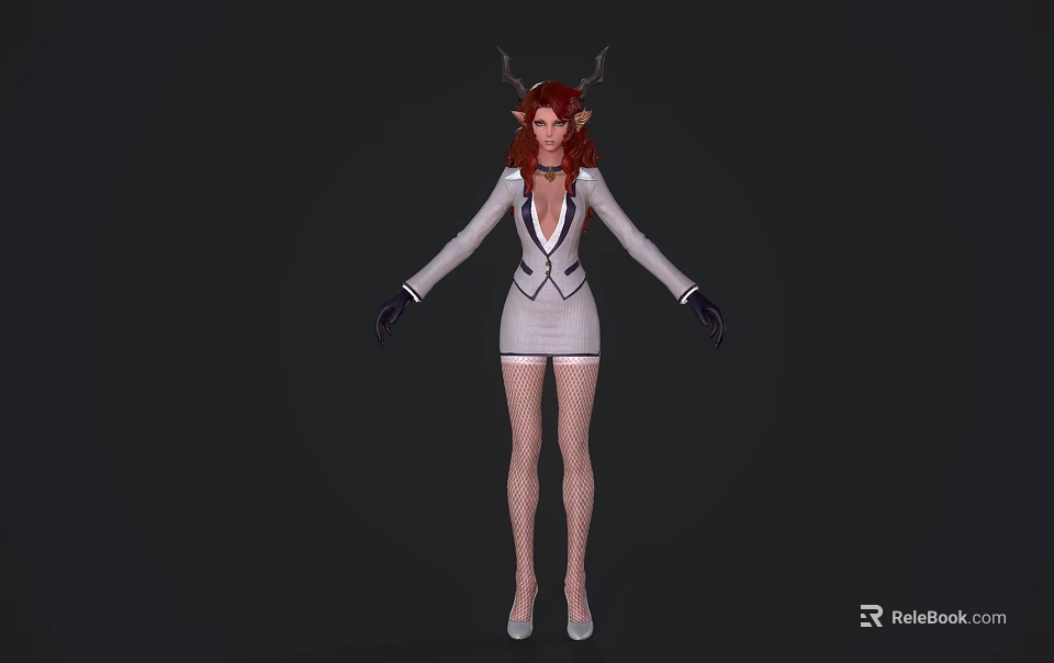 Game Movie Character Featuring Red Hair Horns White Blazer Short Skirt And Fishnet Stockings 3d model 