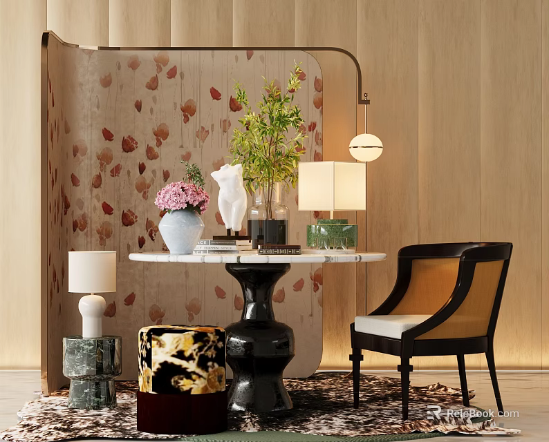 Elegant Modern Flower Stand With Green Plant Marble Top Table Lamp And Side Chair 3d model 