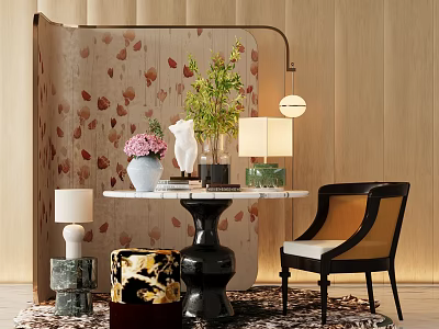 Elegant Modern Flower Stand With Green Plant Marble Top Table Lamp And Side Chair 3d model