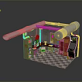 Small Room Interior With Large Pipes Bookshelf Desk Chair Checkerboard Floor And Arcade Machine