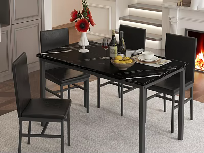 Black Dining Table Set With Marble Top Black Chairs Red Flowers Wine Glasses By Fireplace 3d model