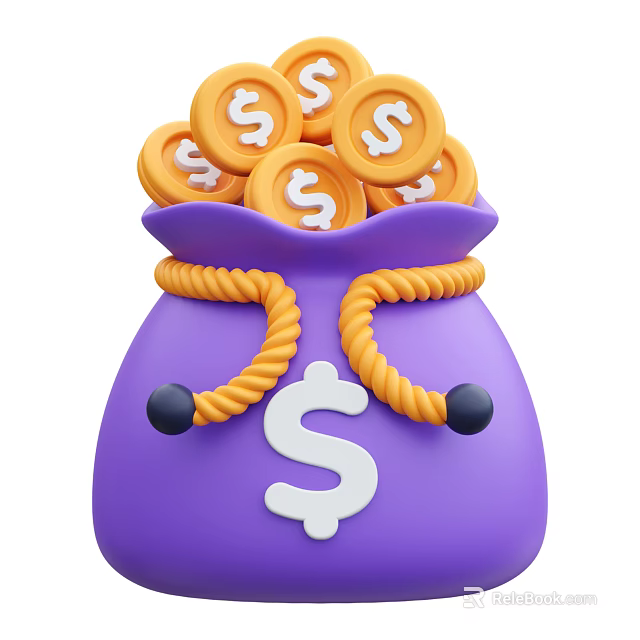 Ornamental Figurine Set with Purple Money Bag Gold Coins Yellow Rope and Dollar Sign Design 3d model 