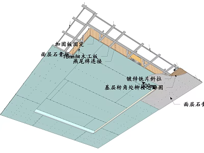 Ceiling Suspension With Double Layer Gypsum Board Wooden Base Fiberglass Gasket And 90 Degree Flanging 3d model