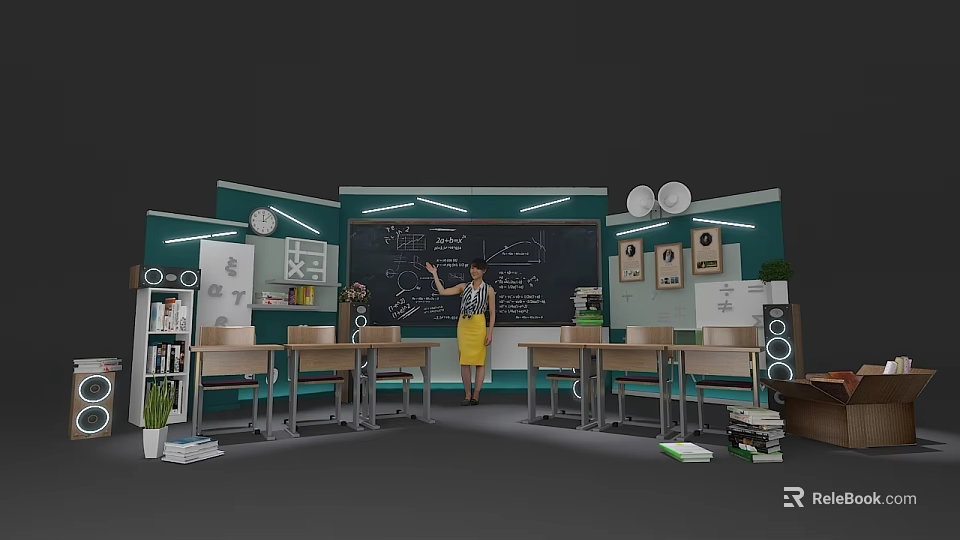 Classroom Teaching Stage With Teal Walls Blackboard Teacher Desks Chairs Green Plants And Clock 3d model 