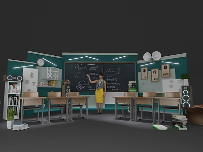 Classroom Teaching Stage With Teal Walls Blackboard Teacher Desks Chairs Green Plants And Clock 3d model
